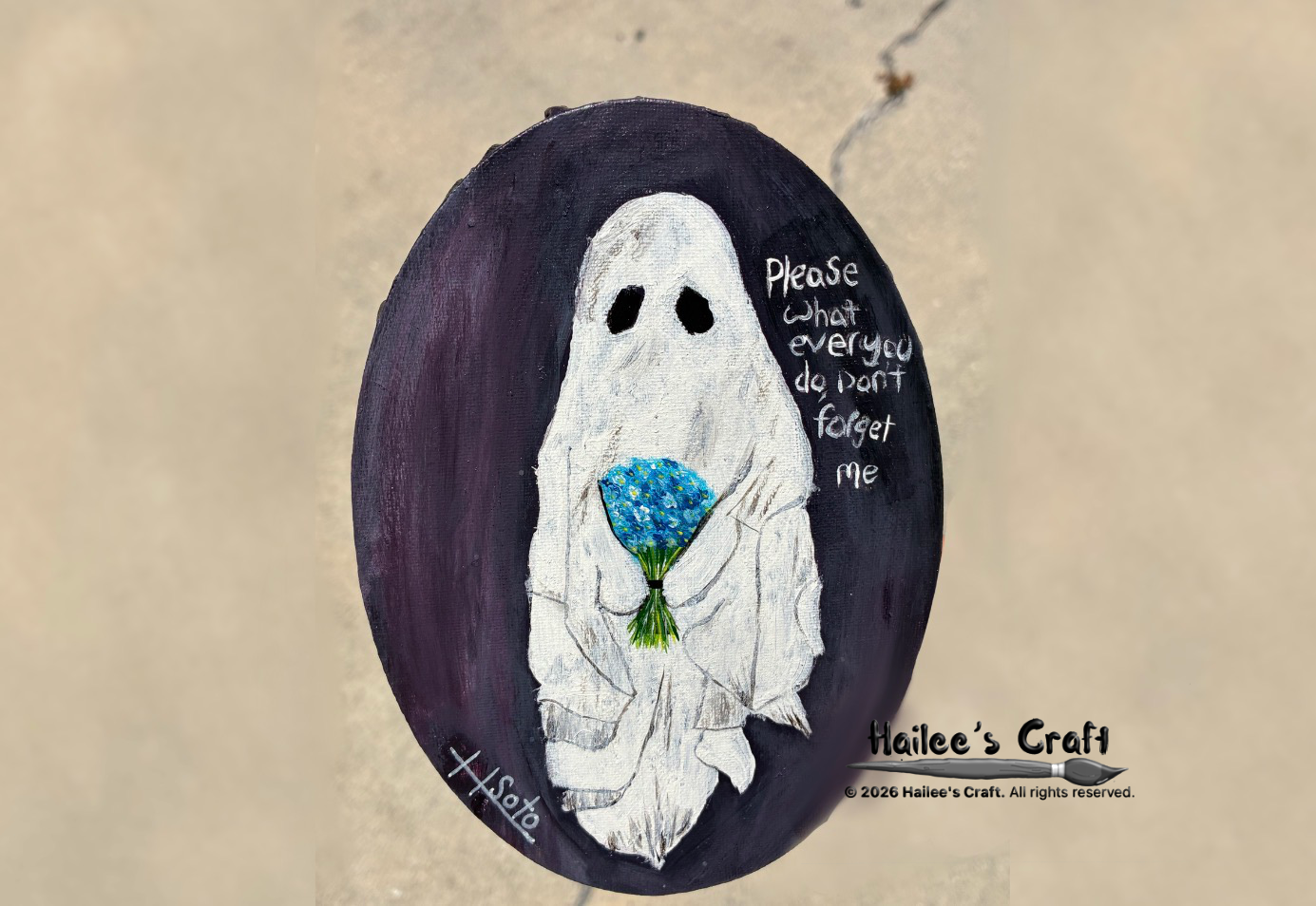  A oval painting depicting a ghost holding a bouquet of forget me nots. on the edge of the canvas it says, please what ever you do, don't forget me.